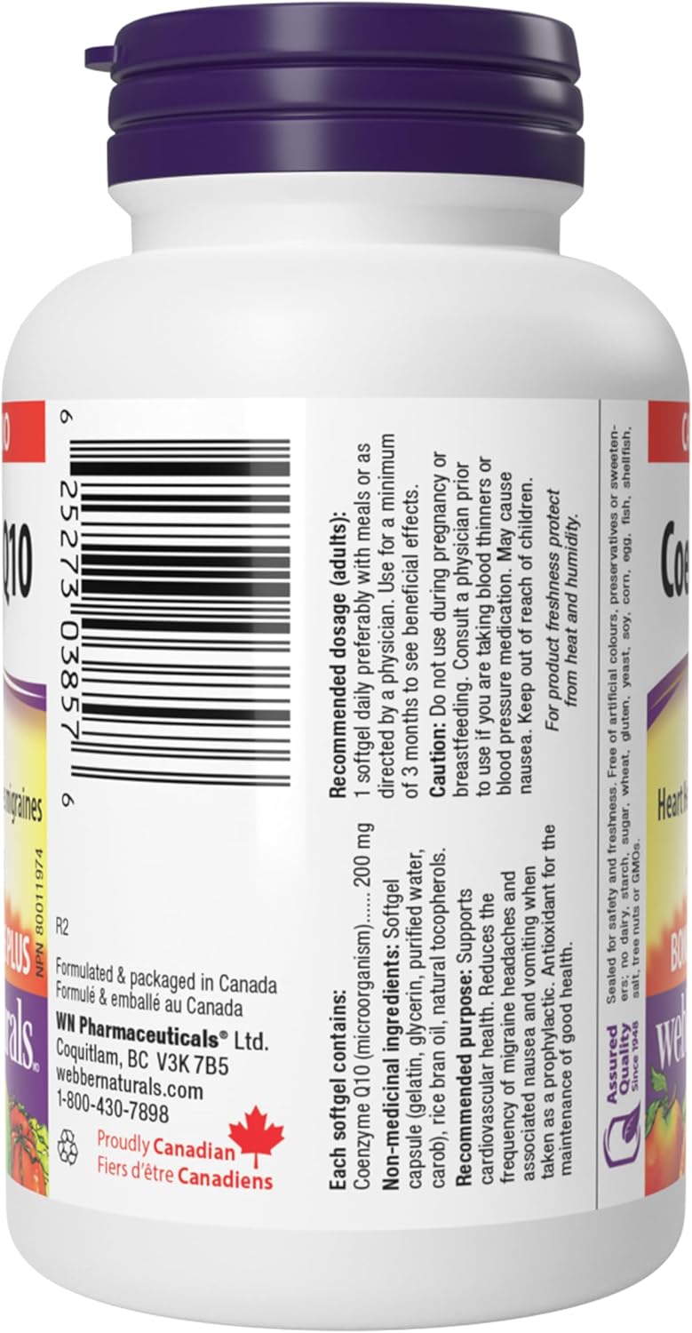 Webber Naturals 辅酶 Q10 (CoQ10) 200 毫克,高效抗氧化剂,非转基因,无麸质,60 粒软胶囊,用于心脏健康和细胞能量生成