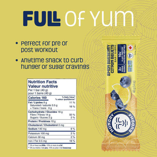 HUNGRY BUDDHA Plant-Based Protein Bars, Low Sugar, High Protein Energy Snack, Dairy-Free & Peanut-Free, Pack of 12, Lemon Blueberry
