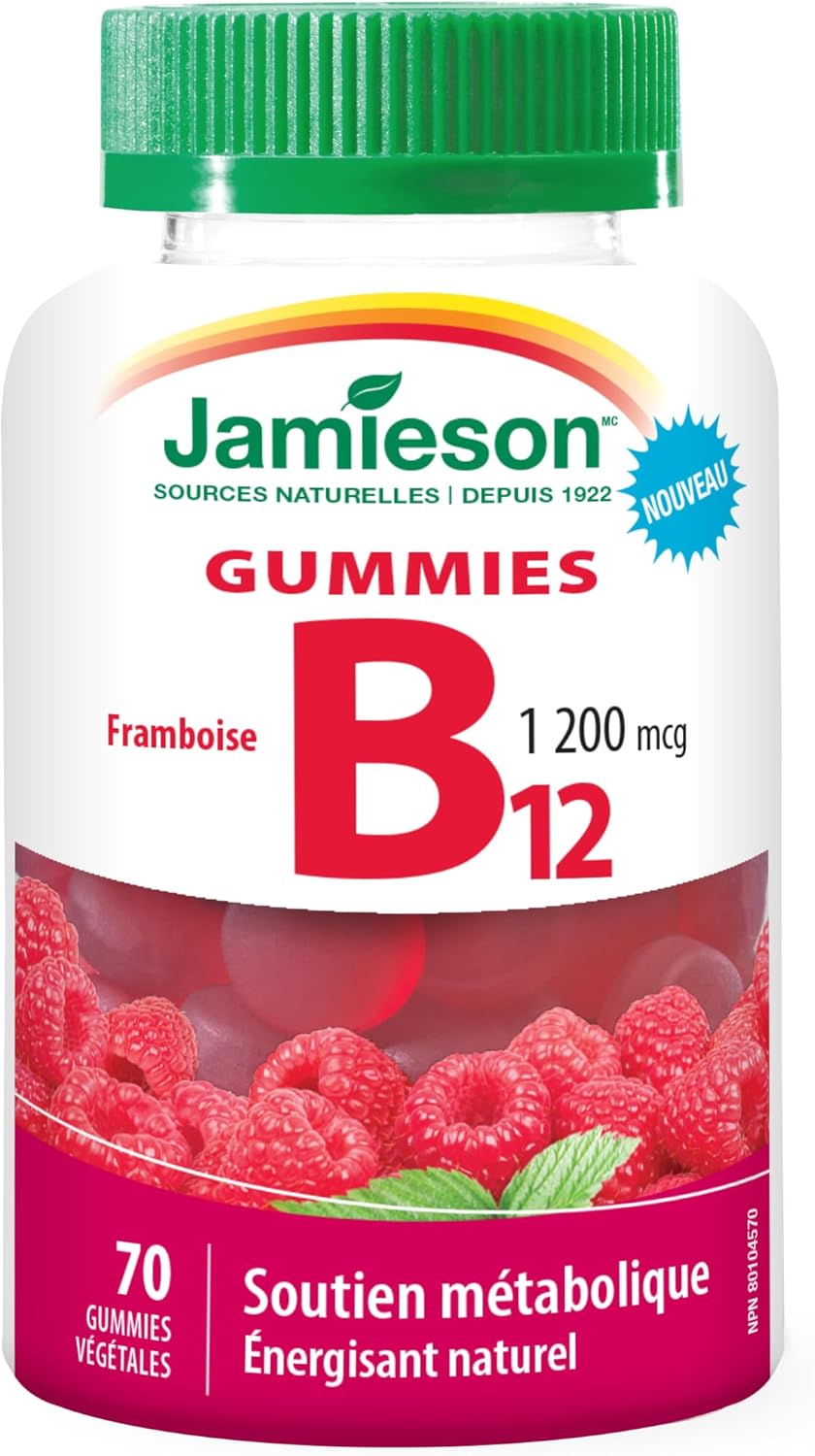 Jamieson 维生素 B12 1200 微克软糖,天然覆盆子口味,天然补充能量,促进新陈代谢。素食,非转基因,无麸质,不含人工香料、色素或防腐剂,70 粒装,加拿大制造