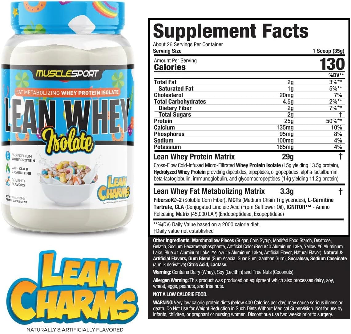 MuscleSport Lean Whey Protein Powder - Whey Protein Isolate - Low Calorie, Low Carb, Low Fat, Incredible Flavors - 25g Protein per Scoop - 2lb Lean Charms