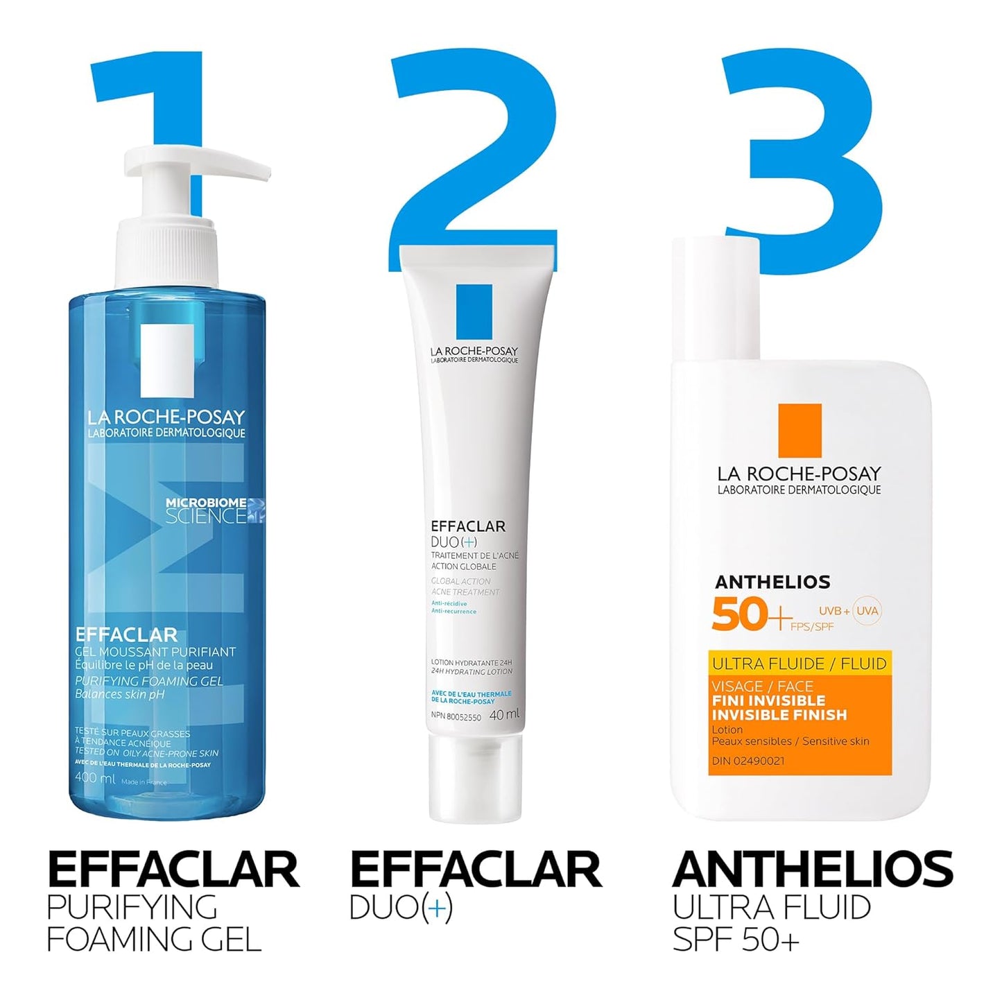 La Roche-Posay Face Wash Gel Cleanser, Effaclar Gentle Purifying Foaming Gel for Oily and Sensitive Acne-Prone Skin & Acne Lotion BUNDLE. Soap-Free, Paraben-free, Non-Comedogenic
