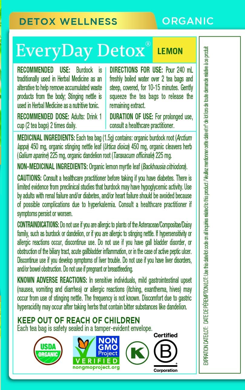 Traditional Medicinals - 有机日常排毒柠檬草本茶(6 包)- 含荨麻和牛蒡根,可清除体内积聚的废物 - 共 96 个茶包