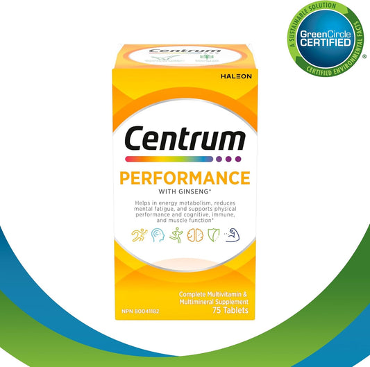 Centrum Performance 复合维生素/矿物质补充剂,适用于男性和女性,含人参,75 片(包装可能有所不同)