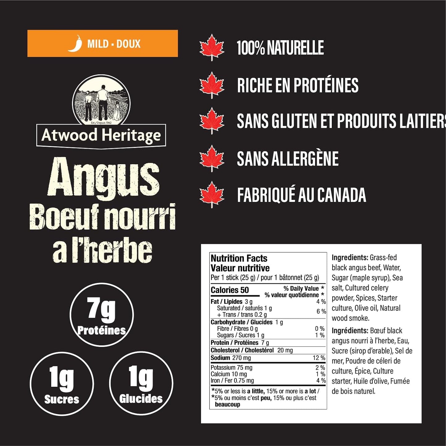 Atwood Heritage 草飼牛肉零食棒,口味溫和,5 根,125 克,高蛋白,無麩質,無硝酸鹽,加拿大製造