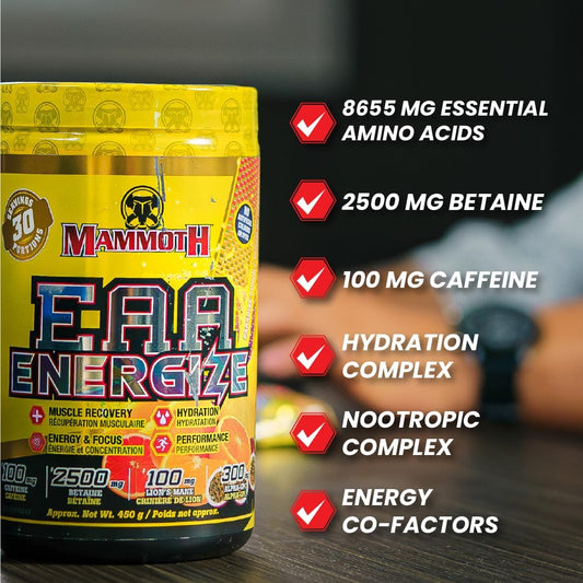 Mammoth EAA Energize – 8655毫克 EAA 和 6克 BCAA,能量與專注力氨基酸補充劑 – 甜菜鹼、咖啡因、B 群維生素、益智藥和電解質 – 肌肉恢復、補水和性能增強劑(30 份,天堂沖劑)