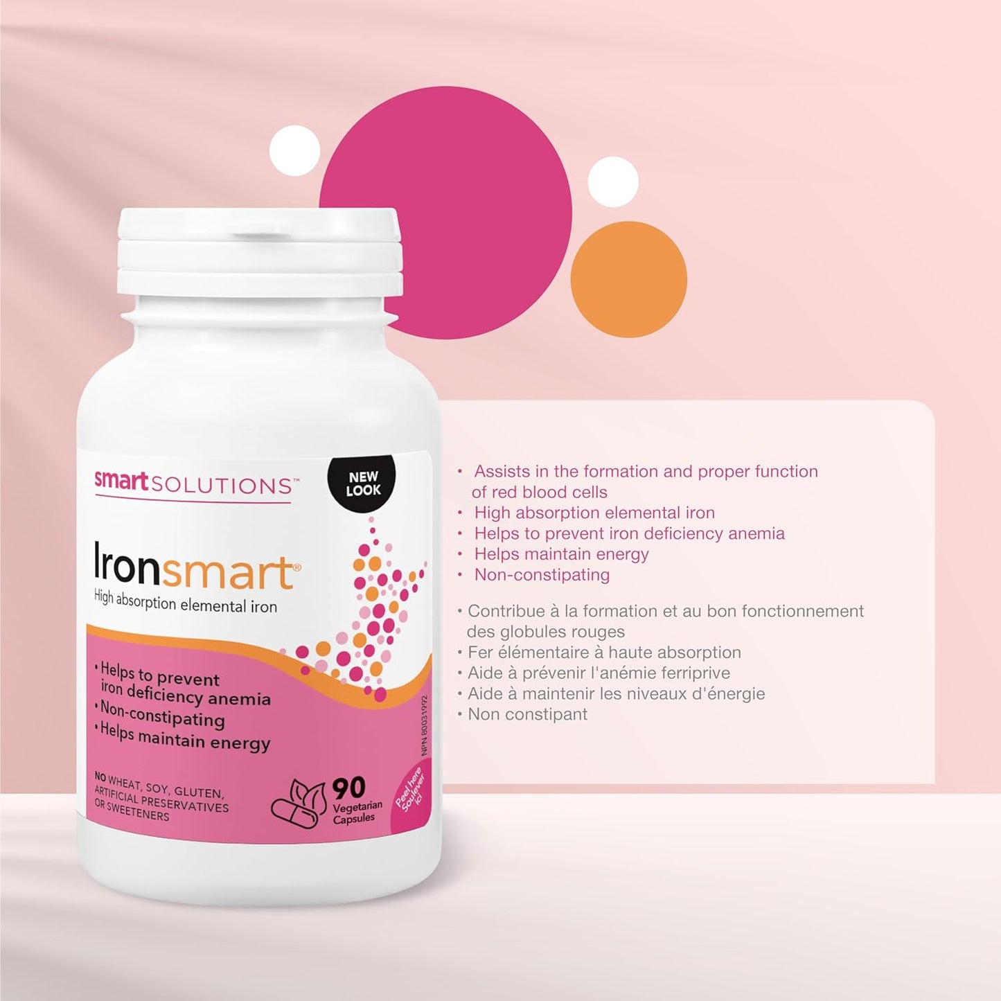 Smart Solutions Ironsmart 素食膠囊,有助於預防缺鐵性貧血,並保持活力。高吸收率元素鐵,不引起便秘,無麩質,90粒裝。