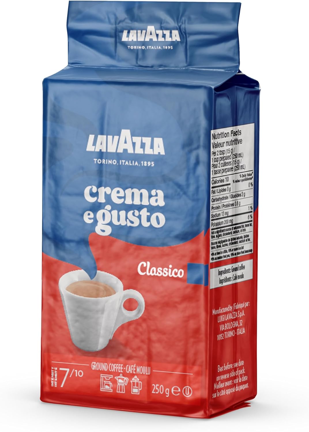 Lavazza Crema E Gusto 研磨咖啡混合物,浓缩咖啡深度烘焙,12 x 250 克砖 - 正宗意大利风味,在意大利混合和烘焙,非转基因,口感浓郁,余味悠长 - 3 公斤研磨咖啡
