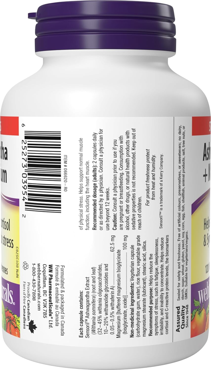 Webber Naturals 南非醉茄 + 鎂,120 粒膠囊,有助於降低皮質醇和緩解壓力症狀,純素