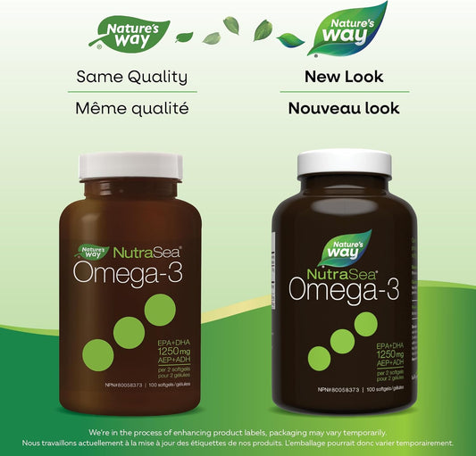 Nature's Way NutraSea Omega 3 軟膠囊 – 1250 毫克 EPA + DHA - 心血管和大腦健康 - Omega 3 魚油補充劑 - 清新薄荷味,100 粒軟膠囊