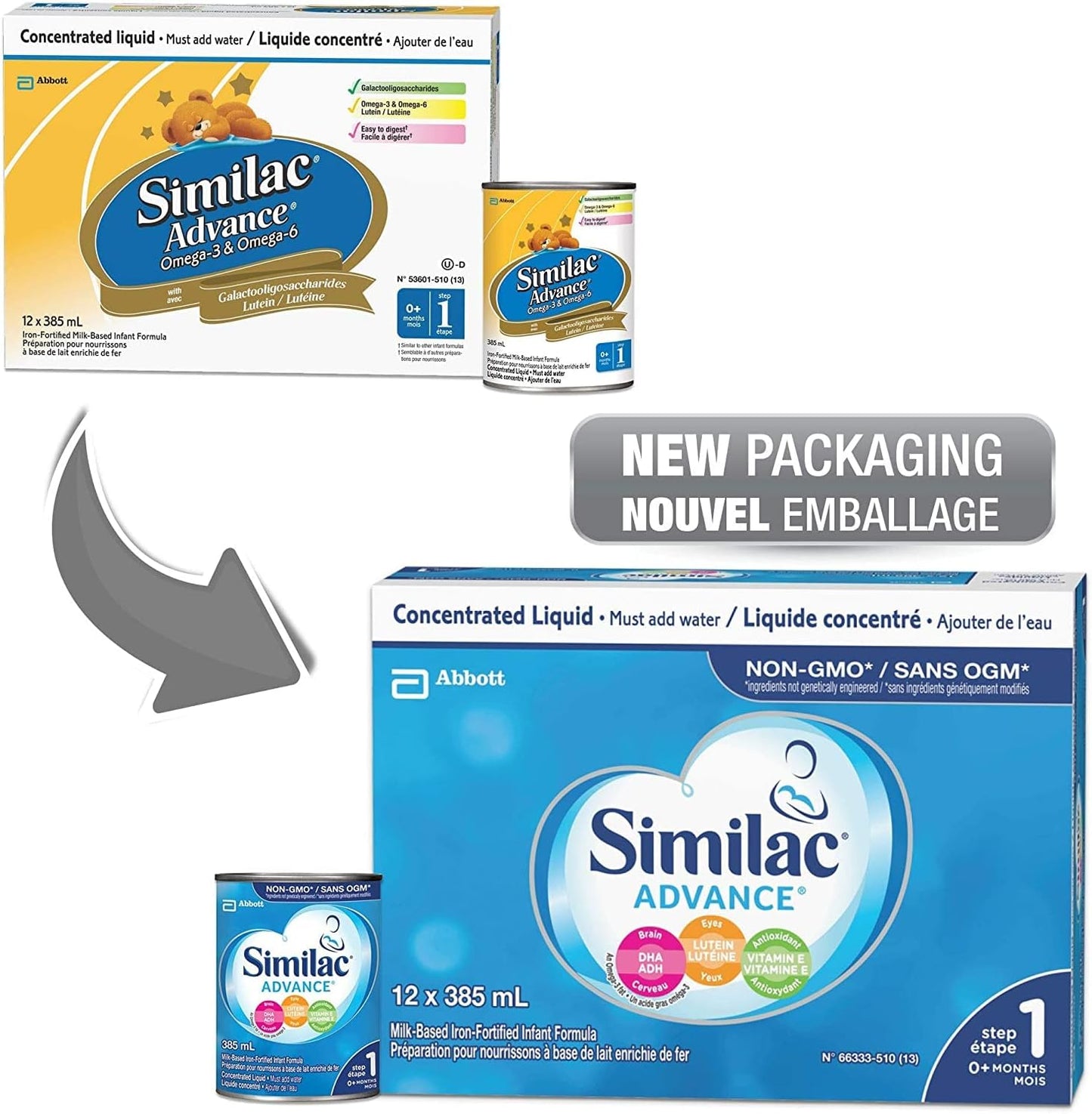 Similac Advance 1 段非基因改造嬰兒配方奶粉,濃縮液,385 毫升,0+ 個月,藍色,12 支裝