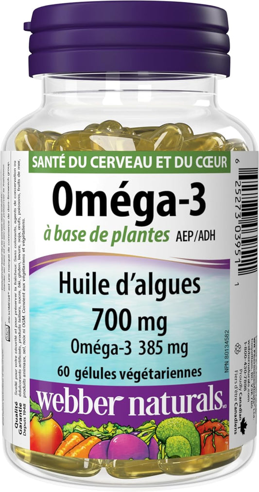 Webber Naturals 植物基 Omega-3,60 粒软胶囊,不含鱼类的 Omega-3 来源,来自可持续养殖的藻类,纯素