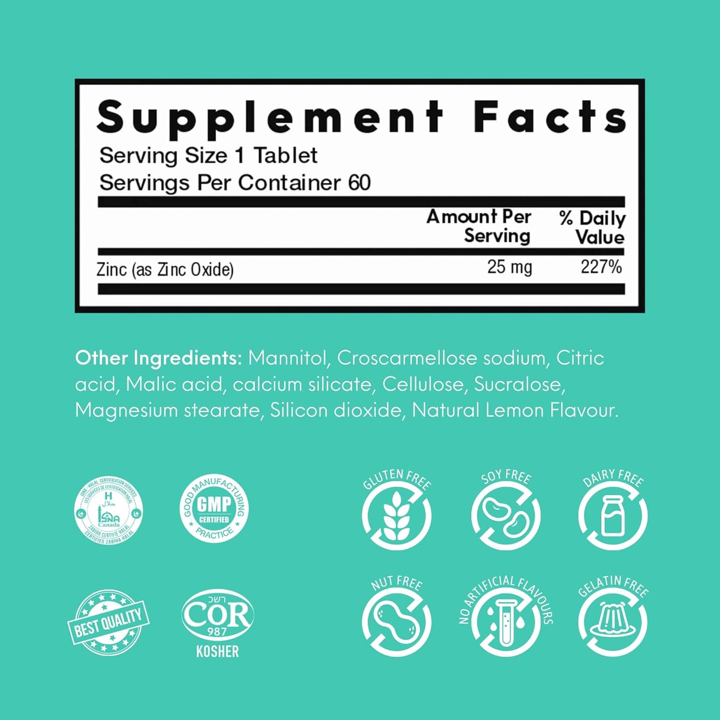 Nutrameltz 鋅 25 毫克補充劑 – 膳食免疫支持補充劑,促進健康的頭髮和指甲,促進新陳代謝調節 - 快速溶解 – 令人垂涎的檸檬味(60 片)