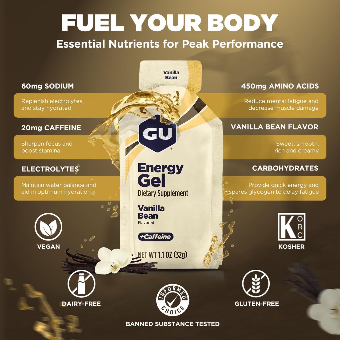 GU ENERGY 原装运动营养能量凝胶,香草味,24 粒装