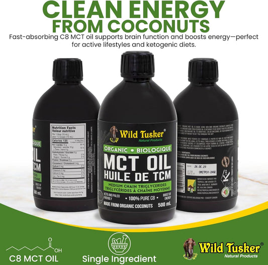 Wild Tusker 有机优质 MCT 油(分馏椰子油),100% C8 辛酸,500 毫升 | 非转基因,冷榨,不含任何化学物质 | 生酮友好,犹太洁食认证,素食