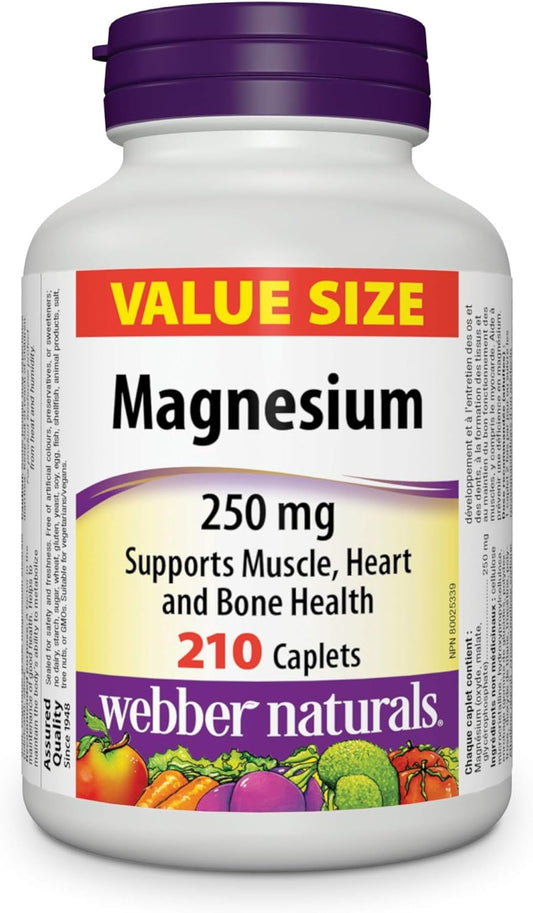 Webber Naturals 镁 250 毫克,210 粒胶囊,支持骨骼和肌肉功能,纯素,含维生素 D3 1000 IU,260 片,有助于骨骼和牙齿健康,维持身体健康
