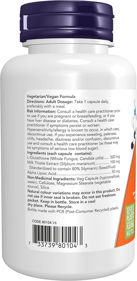 NOW Supplements, Glutathione 500 mg, With Milk Thistle Extract & Alpha Lipoic Acid, Free Radical Neutralizer, 60 Veg Capsules