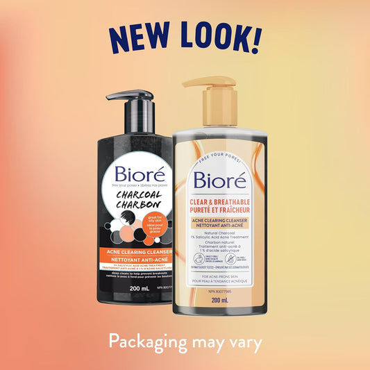 Bioré Clear & Breathable Charcoal Acne Clearing Cleanser, Salicylic Acid Facial Wash for Oily, Acne Prone Skin (200 mL) | Made in Canada