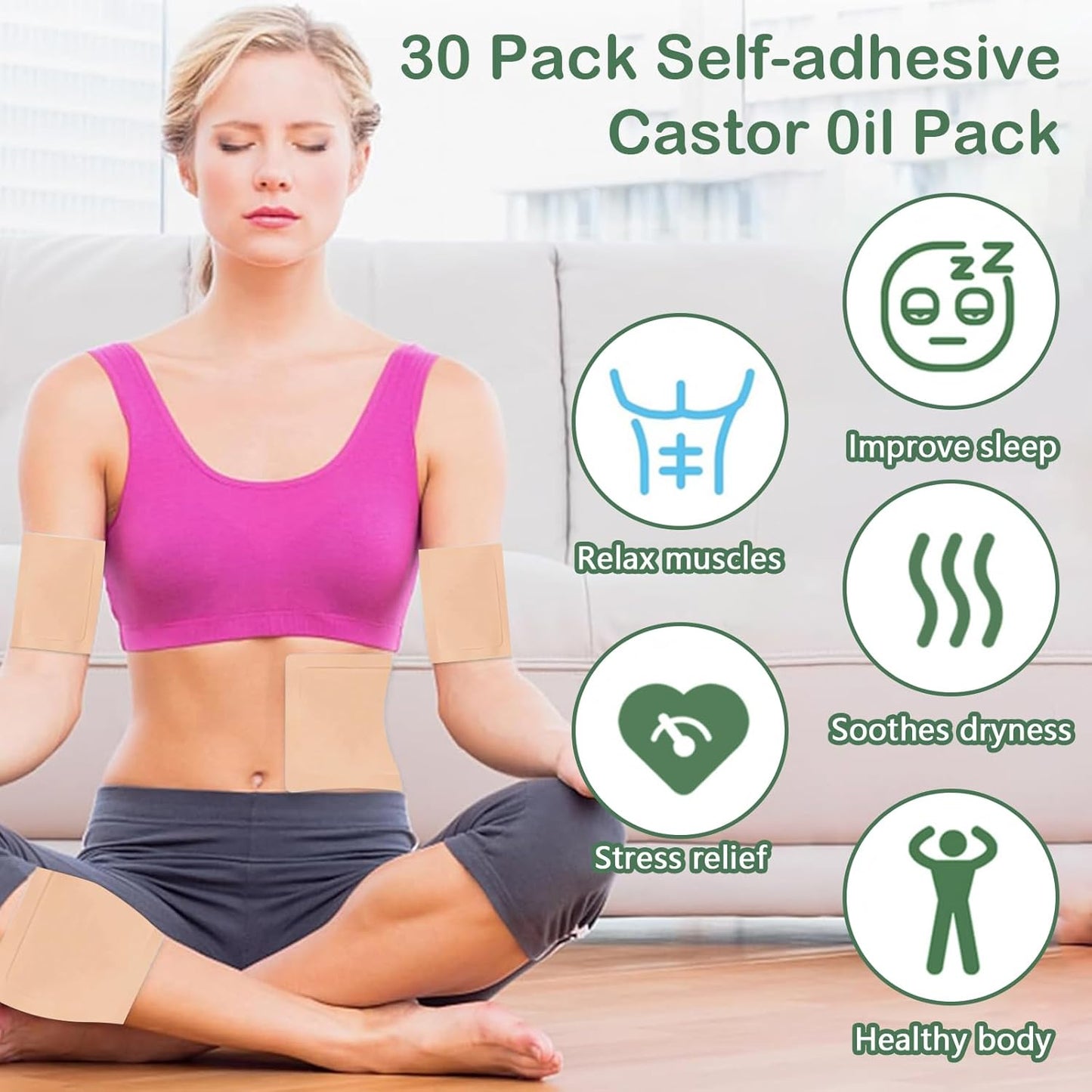 30Pcs Castor Oil Packs, Castor Oil Pack Wrap Organic Cotton, Self-Adhesive Castor Oil Patches, Small Disposable Castor Oil Patches, 3 Sizes Castor Oil Pack No Wash Leak Proof (Skin Tone)