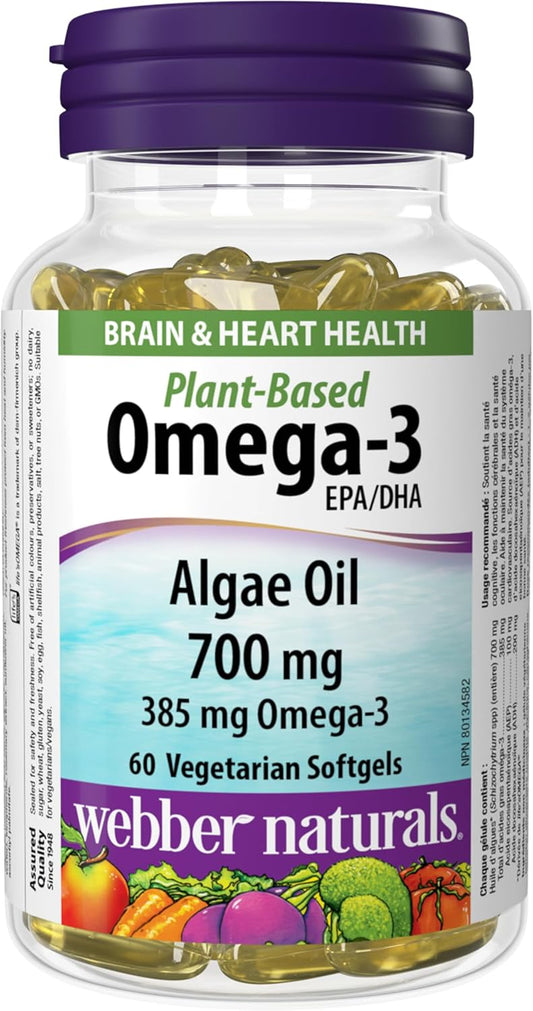 Webber Naturals 植物基 Omega-3,60 粒软胶囊,不含鱼类的 Omega-3 来源,来自可持续养殖的藻类,纯素