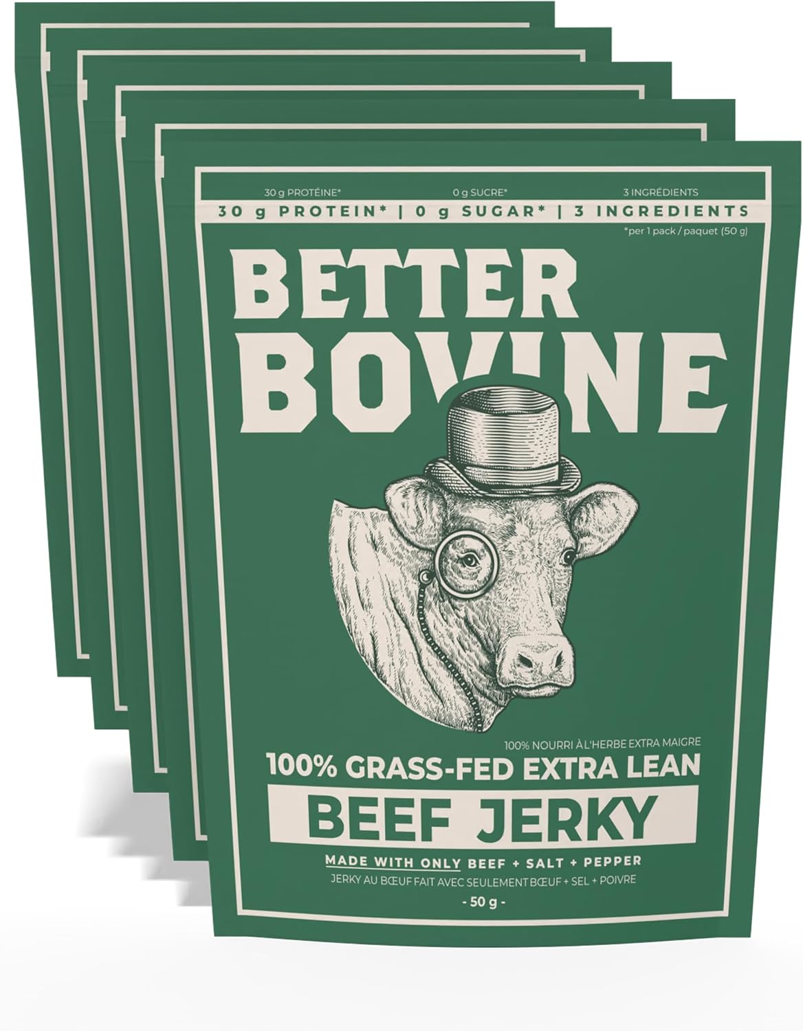 BETTER BOVINE Grass Fed Extra Lean Beef Jerky, Keto, Paleo, Low Carb, High Protein, Gluten Free, Sugar Free, Non-GMO, Nitrate Free, Preservative Free, No Antibiotics, No Added Hormones, 30g Protein, 0g Carbs, 130 Calorie…