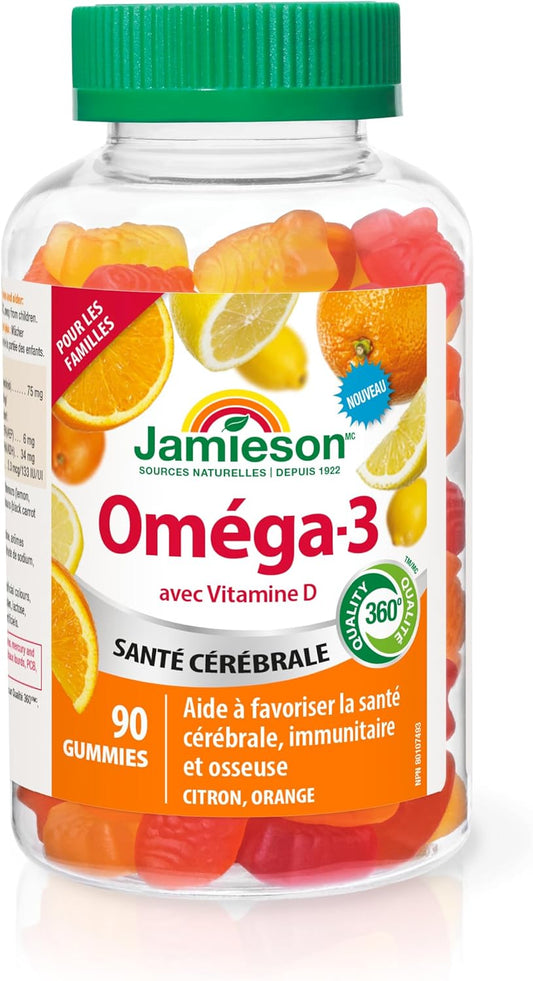 Jamieson Omega-3 維生素D3軟糖,柳橙和檸檬口味,適合3歲以上家庭食用。支持大腦健康和免疫健康,無麩質、非基因,不含人工色素、香精或防腐劑,90粒裝