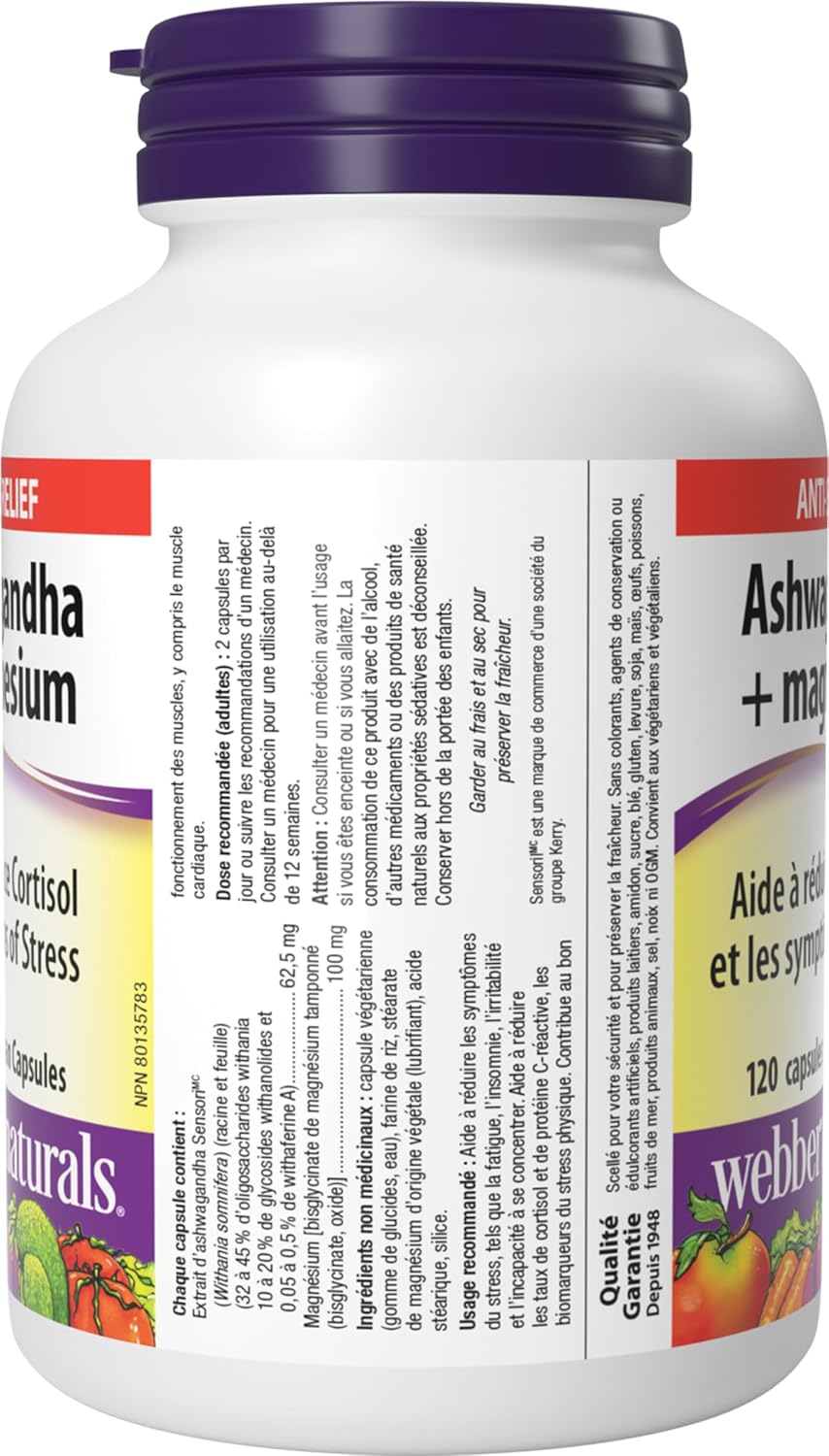 Webber Naturals 南非醉茄 + 鎂,120 粒膠囊,有助於降低皮質醇和緩解壓力症狀,純素