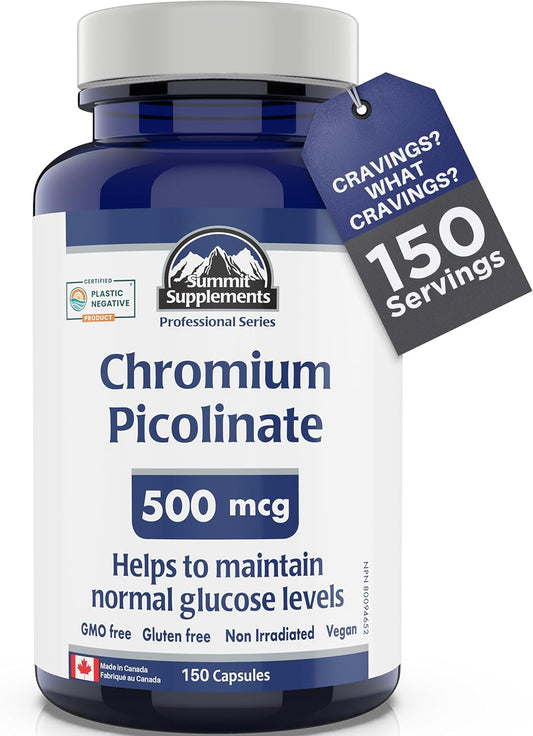 Chromium Picolinate 500mcg 150 Vegan Caps, 150-Day Supply, Supports Glucose Metabolism, Appetite & Craving Management, Metabolic & Muscle Support, GMO & Gluten-Free, Plastic Negative, Proudly Canadian