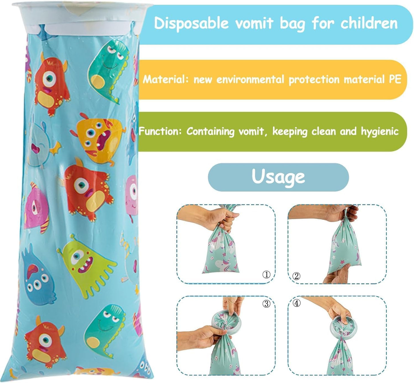 16 Pcs Kids Vomit Bags Disposable Emesis Bags 1500ml,Puke Bags Vomit Bags Disposable for Car,Barf Bags Disposable Car Kids(Pony marine animal style)
