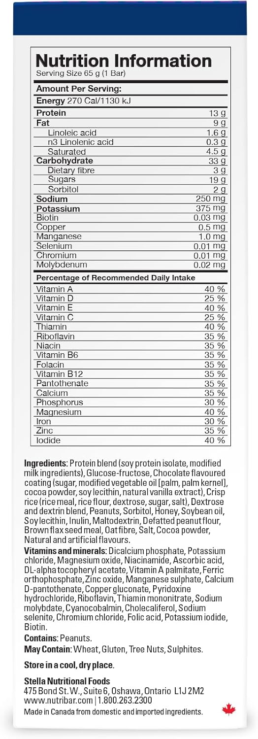 Nutribar 巧克力花生酱味能量棒,高蛋白,代餐棒,24 种维生素和矿物质,高纤维,加拿大制造,5 条装 *包装可能有所不同*