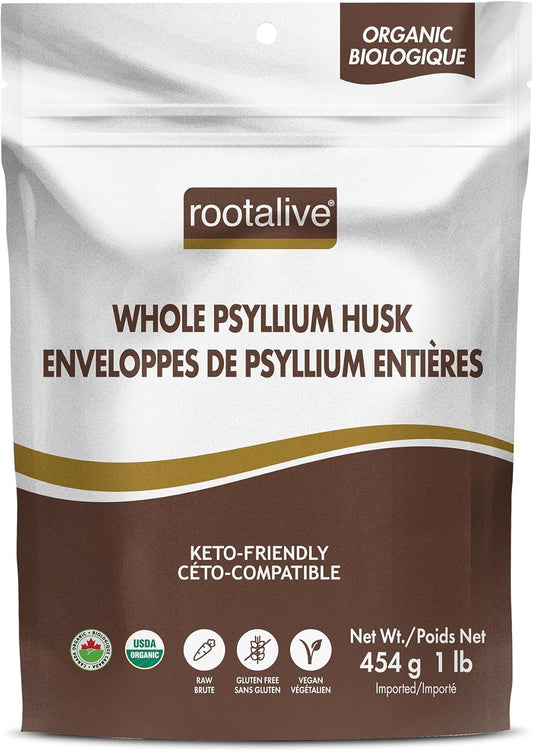 Rootalive Organic Whole Psyllium Husk 454g (1lb), Plant-Based Fibre for Digestive Support, Unflavored Superfood with Soluble & Insoluble Fibre, Vegan, Gluten-Free