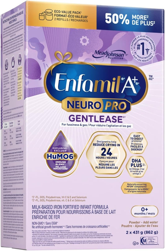 Enfamil A+ NeuroPro Gentlease, Baby Formula, Powder Refill Carton, with Brain Building DHA, 0-12 Months, 2 x 431g (862g)