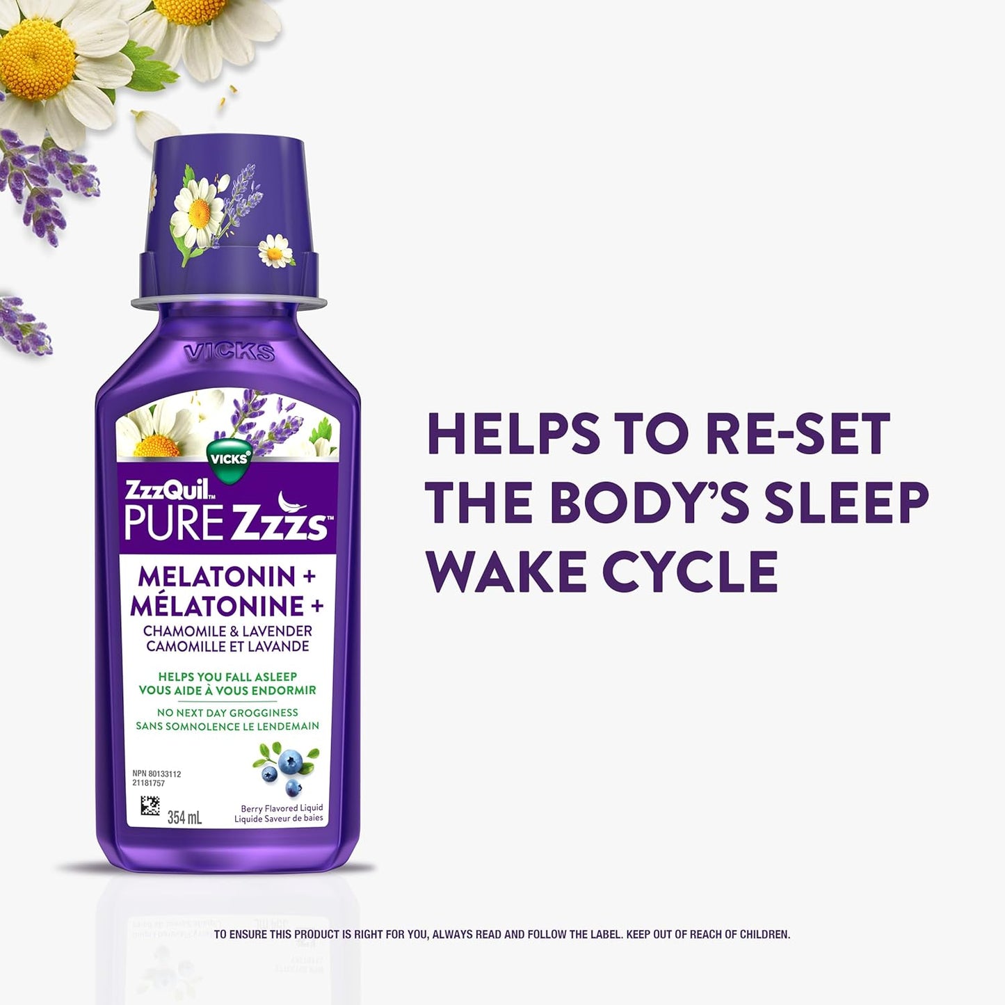 Vicks ZzzQuil Pure Zzzs 褪黑素液體,助眠劑,液體褪黑素 2 毫克,含洋甘菊和薰衣草,快速入睡,成人褪黑素助眠劑,漿果味,354 毫升