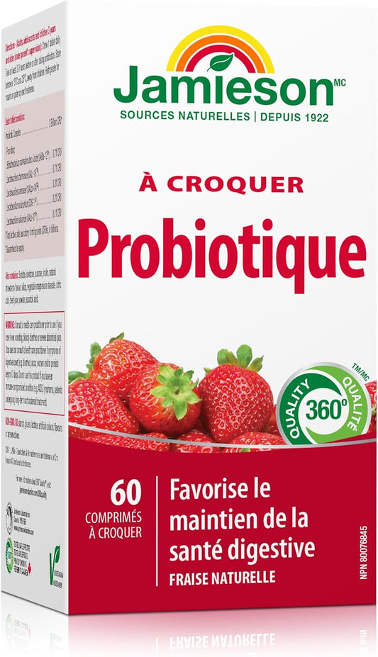 Jamieson Chewable Probiotic 2 Billion Active Cells Natural Strawberry Flavour, Family Friendly (3+), Supports Digestive Health. 5 Unique Strains, Including Lactobacillus and Bifidobacterium, Non-GMO, No Artificial Colour…