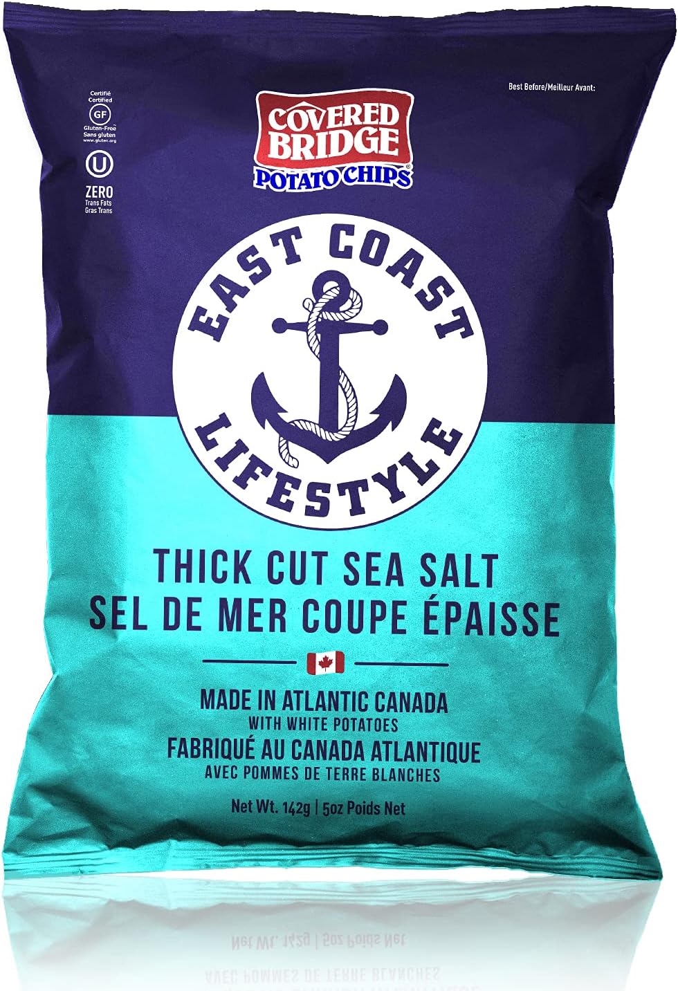 Covered Bridge 薯片 - East Coast Lifestyle 厚切海盐薯片 - 无麸质,犹太洁食认证,采用圆形白土豆烹制,加拿大制造,12 片装,每袋 142 克