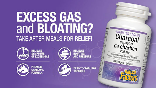 Natural Factors 活性炭胶囊,250 毫克,90 粒软胶囊,用于消化支持、排毒、缓解腹胀和胀气,加拿大制造