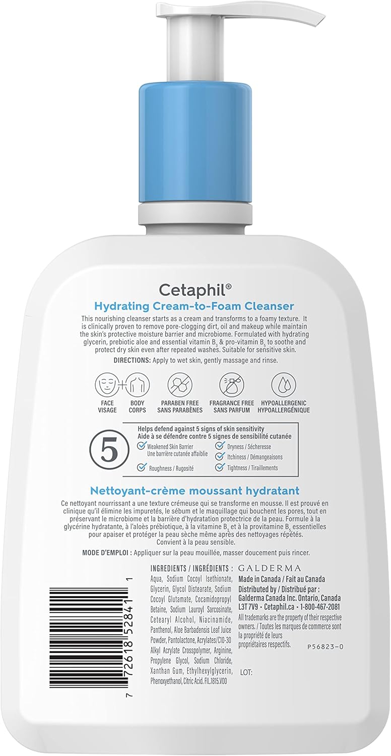Cetaphil 乳霜泡沫潔面乳,保濕泡沫潔面乳,適合中性至乾性、敏感性肌膚,含舒緩蘆薈、甘油和煙酰胺,低過敏性,無香型,473 毫升