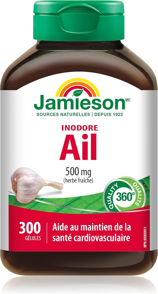 Jamieson 無味大蒜 500 毫克,支持心臟健康,並提供免疫支持。非基因改造,無麩質,300 粒軟膠囊,加拿大製造