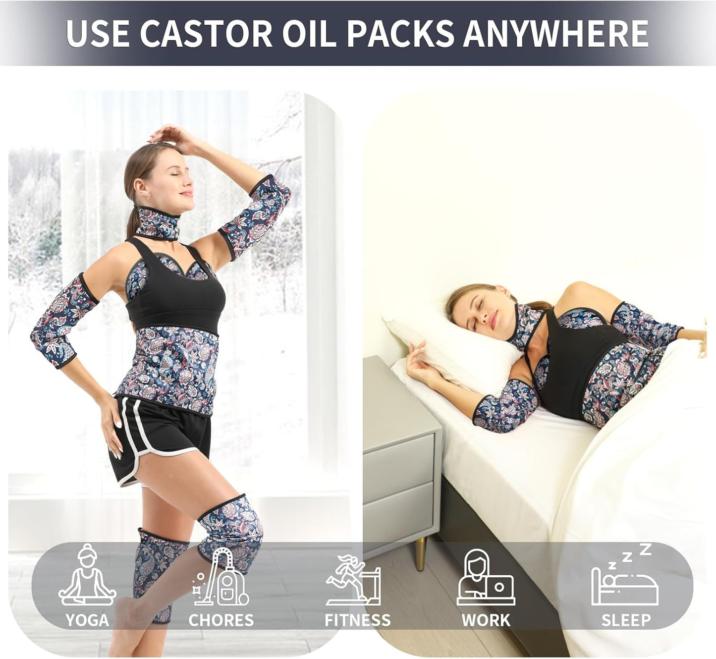 KANAV 8 Piece Castor Oil Pack Wrap Set, Organic Cotton Lined Reusable Castor Oil Compress Packs for Liver Detox, Insomnia, Constipation, Inflammation & Women's Gifts