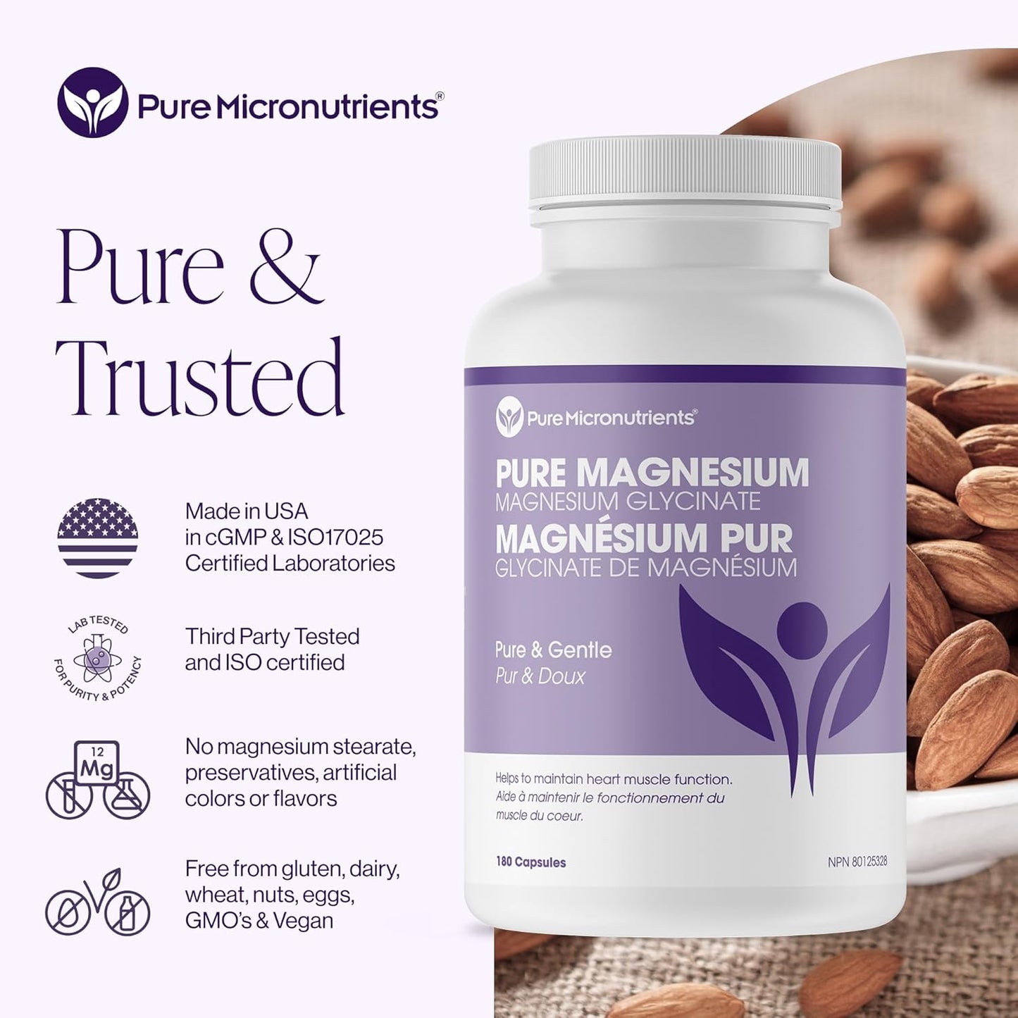 純微量營養素甘氨酸鎂補充劑(螯合型)200毫克,180粒