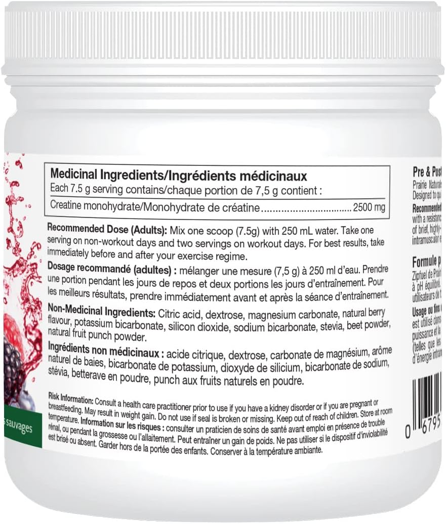 Prairie Naturals Zip Fuel pH-Balanced Creatine Energy Drink - Wild Berry Burst Flavour - 300 Gram