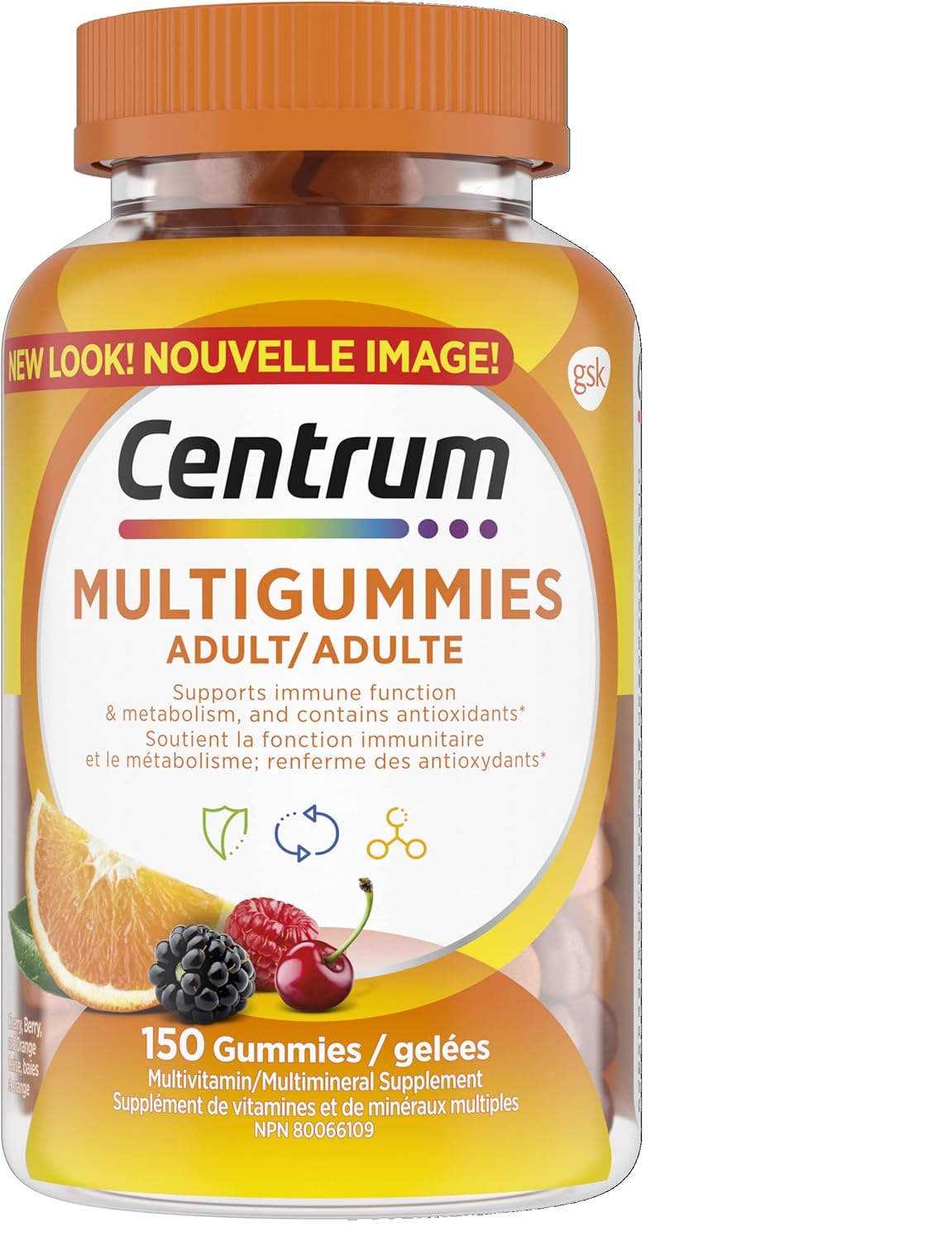 Centrum MultiGummies,成人複合維生素/礦物質軟糖,男女適用,櫻桃、漿果和橙子口味,150 粒(包裝可能有所不同)