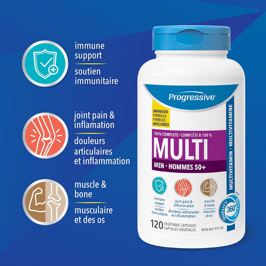 Progressive Advanced 複合維生素,適合 50 歲以上男性,含瑪卡、薑黃、假馬齒莧萃取物和輔酶 Q10。有助於增強免疫力、改善關節健康、促進心臟健康並緩解炎症,100% 完整配方,加拿大製造,120 粒裝
