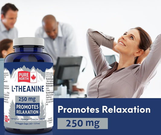 PURE NORTH NATURALS L-Theanine 250mg, 75 Veggie Capsules 75-Day Supply - Vegan, Non-GMO and Gluten-Free Promote - Relaxation Support, Enhanced Cognitive Function - Made in Canada