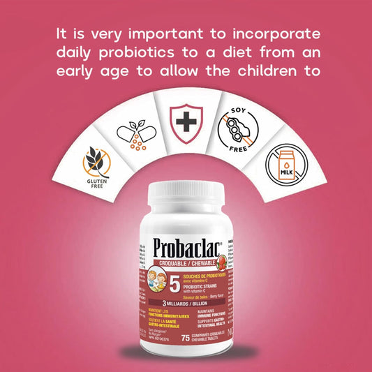 Probaclac chewable probiotics for kids ages 3. Each chewable tablet contains 3 billion active cells, Multi-strain probiotic and lactic ferment complex (6 strains) (40)