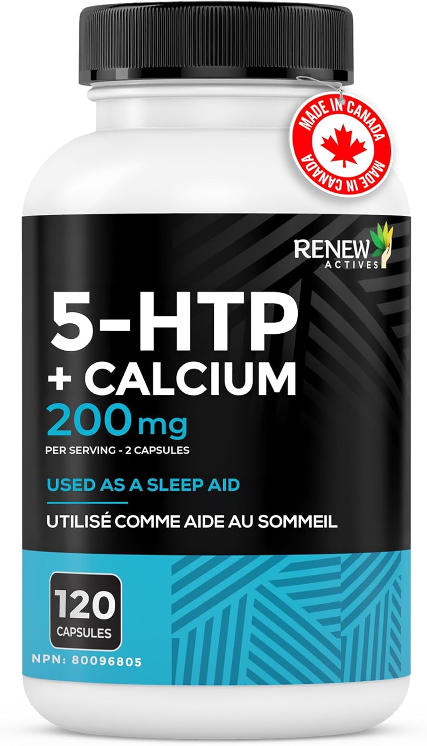 RENEW ACTIVES 5-HTP 200MG 和 328MG 鈣補充劑,每 2 粒膠囊 - 天然助眠劑,促進情緒平衡和放鬆 - 有助於維持骨骼和肌肉健康 - 加拿大製造 - 120 粒膠囊