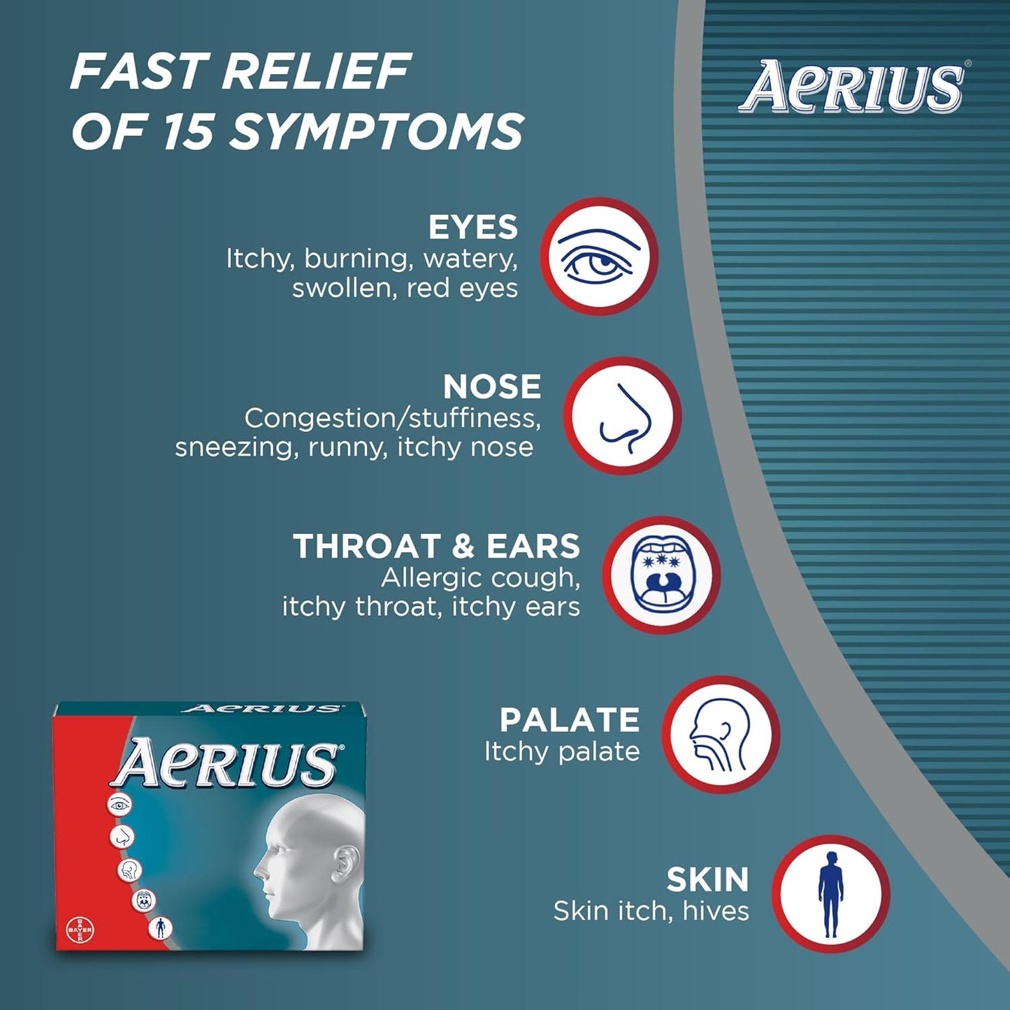 AERIUS Allergy Medicine, Fast Relief, 24-Hour, Non-Drowsy, 15 Symptoms, 70 Tablets