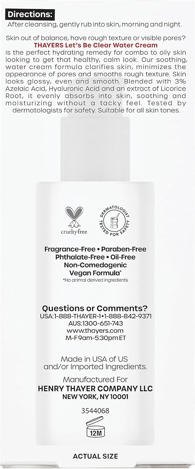 THAYERS Let's Be Clear 水潤臉部保濕霜,含壬二酸和透明質酸,適合混合性至油性肌膚,明顯縮小毛孔,撫平膚質,75 毫升