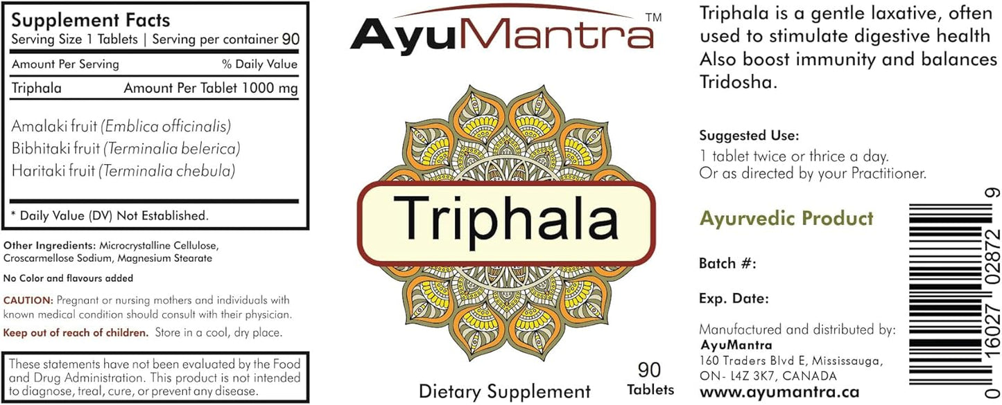 AyuMantra TriphalaTablets 阿育吠陀健康消化天然缓解片 1000 毫克/份 90 片