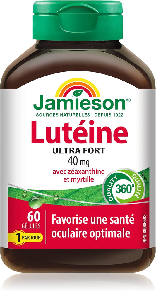 Jamieson Ultra Strength Lutein 40 mg, with Zeaxanthin and Bilberry, Supports Eye Health, and Helps Reduce the Risk of Developing Cataracts. Non-GMO, Gluten-Free, 60 Softgels, Proudly Canadian