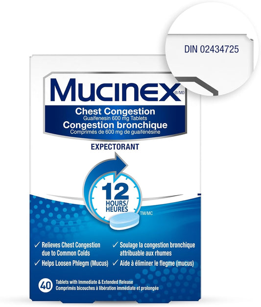 Mucinex, 胸闷,12 小时缓释双层片剂,祛痰,600 毫克,40 片